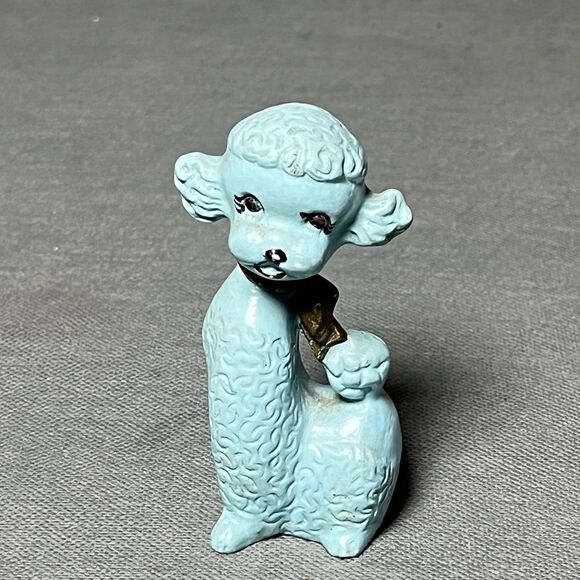 Vintage Blue Ceramic Sitting Poodle w/Gold Bow Collar MCM-Anthropomorphic-Kitch - Picture 2 of 11